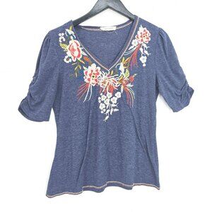Solitaire Blue Floral V Neck Embroidered T-Shirt Top Size L Short Sleeve Casual